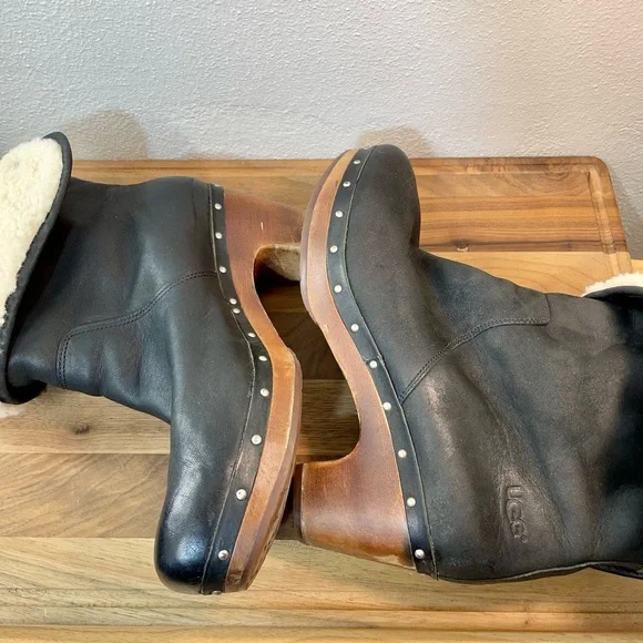 UGG Lynnea Leather Shearling Boot Studded Chunky Wooden Heel Moto Sz 11 Western - Picture 8 of 14